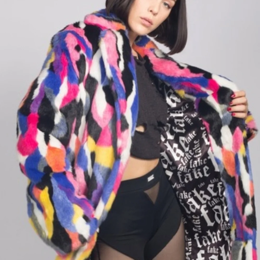 MATT SARAFA RAINBOW Faux Fur SILK Lined Coat NWOT, OG Length, Custom Made - Picture 3 of 16